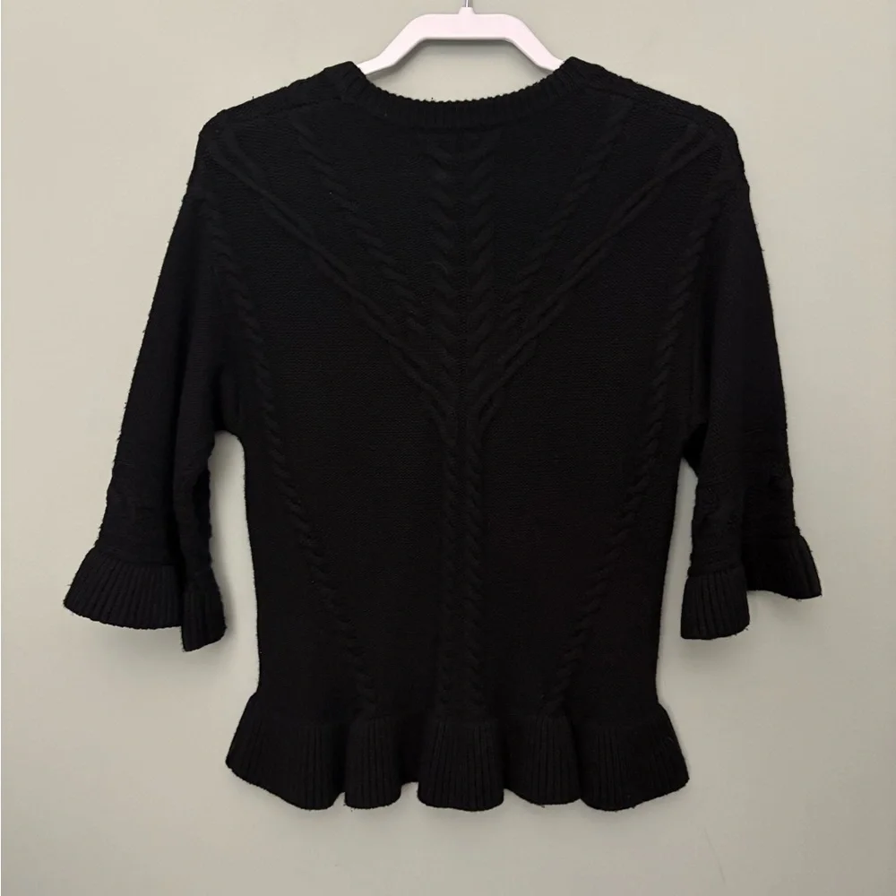 Kate Spade Cable Knit Peplum Sweater XS Black 3/4 Sleeve Wool Cashmere Blend